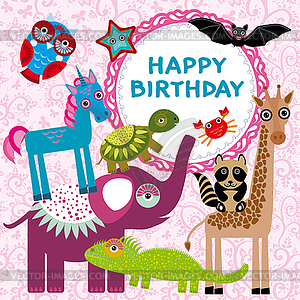 Funny animals party card design on pink floral - vector image