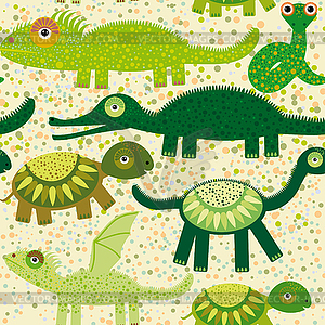 Cheerful seamless pattern with crocodile, turtle, - vector clipart