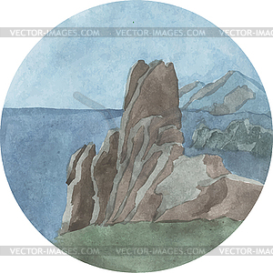 Bright watercolor summer landscape with sea and - vector clip art