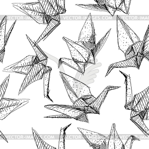 Origami paper cranes set sketch seamless pattern. - white & black vector clipart