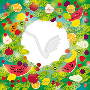 Healthy lifestyle. Set of fruits and leaves on gree - vector clip art