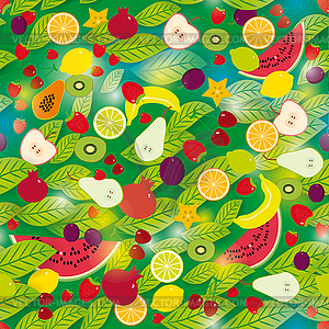 Healthy lifestyle. Fruits and leaves on green - vector clipart / vector image