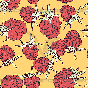 Ripe raspberry seamless pettern on oranje background - color vector clipart