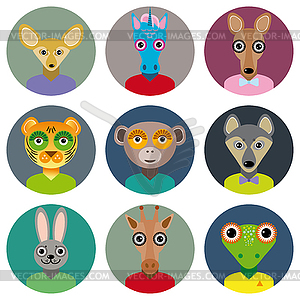 Set of animals faces circle icons set in Trendy Fla - vector image