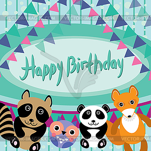 Funny animals. Owl, fox, raccoon, panda. Happy - stock vector clipart