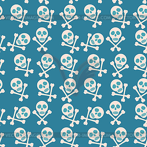 Blue seamless background. Skull and bones. Pirates - vector image