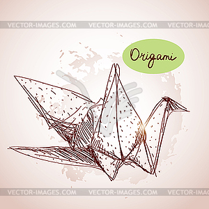 Origami paper cranes sketch. line on beige - vector clipart