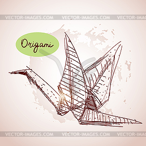 Origami paper cranes sketch. line on beige - vector image