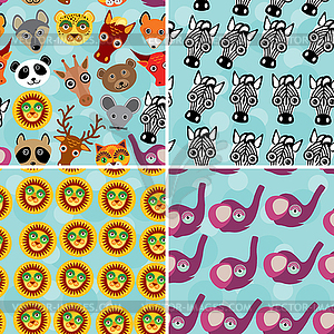 Set 4 Seamless pattern with funny cute animal face - vector clipart