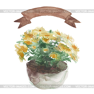 Yellow flower in flower pot, beige ribbon set - vector image