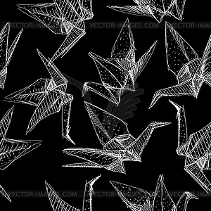 Origami paper cranes sketch seamless pattern. - vector clipart