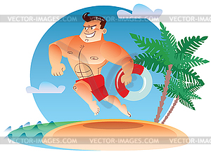 Macho water rescue runs along beach - vector clip art