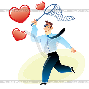 Businessman with net catches flying red heart - vector image