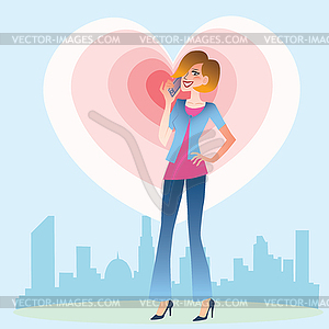 Young woman talking on phone heart - vector clipart