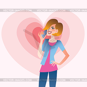 Young smiling woman talking on phone heart - vector clip art