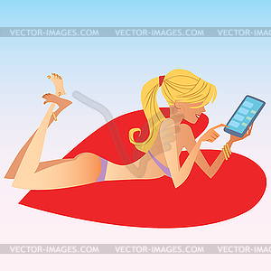 Blonde girl in swimsuit deals on smartphone - vector clip art