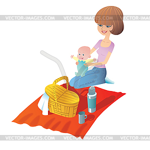 Mother with baby on picnic - stock vector clipart