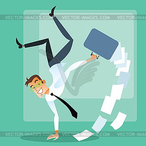 Joyful businessman doing handstand - vector clipart