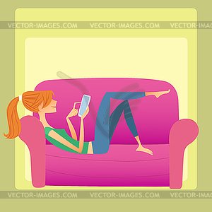 Girl lies on sofa and reads smartphone - vector image