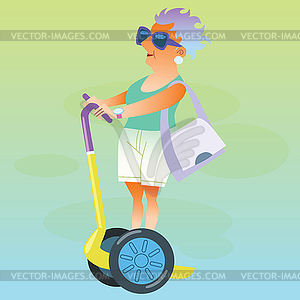 Female pensioner in vacation goes on electric - vector clipart