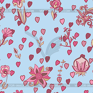 Valentine pattern with hearts, flowers - vector clip art