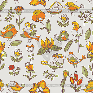 Flowers and birds seamless texture pattern - vector image