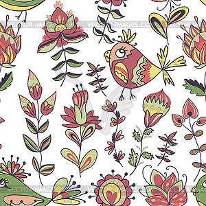 Seamless texture with flowers and birds - vector image