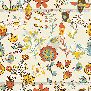 Seamless texture with flowers and birds - vector clip art