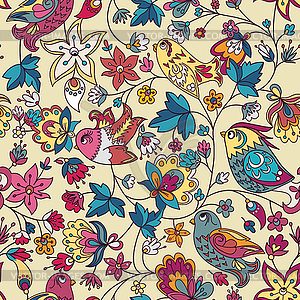 Seamless floral pattern with birds - vector image