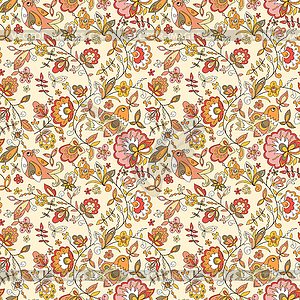 Seamless texture with flowers and birds - vector clipart