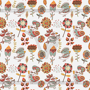 Seamless texture with flowers and birds - vector clip art