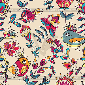 Seamless texture with flowers and birds - vector clipart
