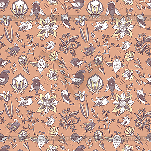 Flowers and birds seamless texture pattern - vector clipart