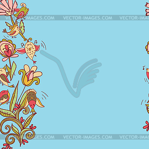 Flowers and birds seamless texture pattern border - vector clip art