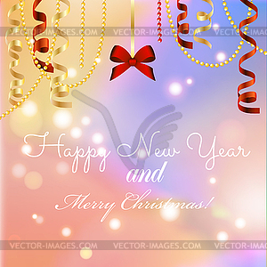 New year greeting card, Christmas bow and ribbon - vector clipart