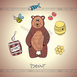 Cartoon bear and his food - vector clipart