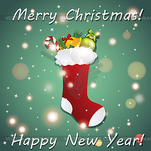 New Year greeting card with Christmas sock for gifts - vector clipart