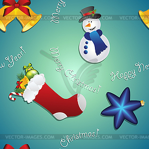 New year pattern with snowman, sock for gifts, - vector clipart