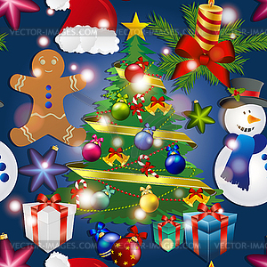 New year pattern with snowman, Christmas tree toy, - vector clip art