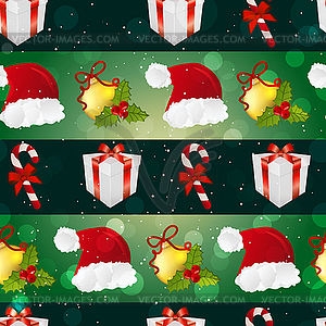 New year pattern with Santa hat, gift, Christmas - vector image