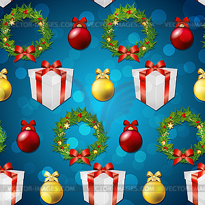 New year pattern with tree toys, gift ribbon and - vector image