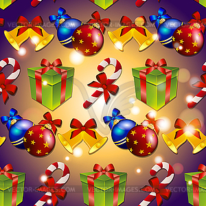 New year pattern with tree toys, gift, striped cand - vector clip art