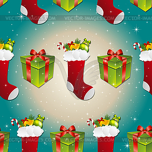 New year pattern with sock for gifts and gift - vector image