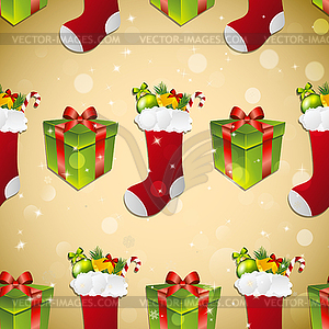 New year pattern with sock for gifts and gift - vector clipart