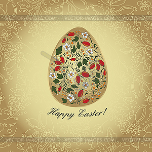 Easter egg with barberry, gold greeting card - vector image