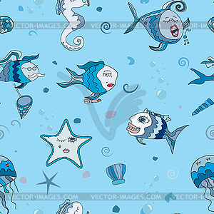 Sea world Fish sing and smile - vector clip art