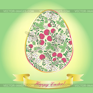 Easter egg with raspberry, green greeting card - vector clipart