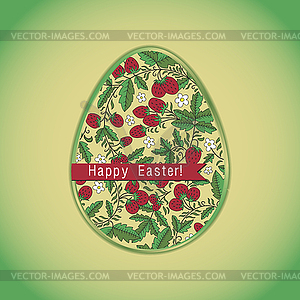 Easter egg with strawberry, green greeting card - vector clip art