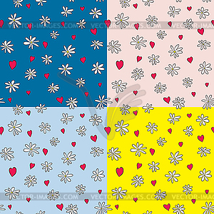 Seamless texture with chamomile and red hearts - vector clipart