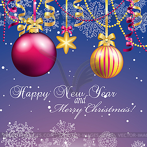 New Year greeting card. Christmas Ball with bow - vector clip art